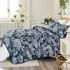 WONGS BEDDING Quilt Set King Size, 3 Pieces Navy Blue Botanical Floral Printed - Image 6