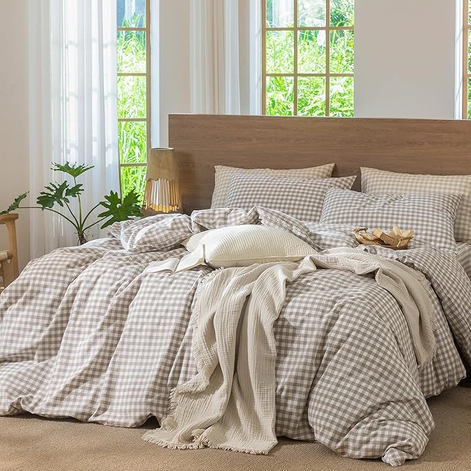 MooMee Gingham Duvet Cover Set 100% Washed Cotton Linen Like Textured - Image 9