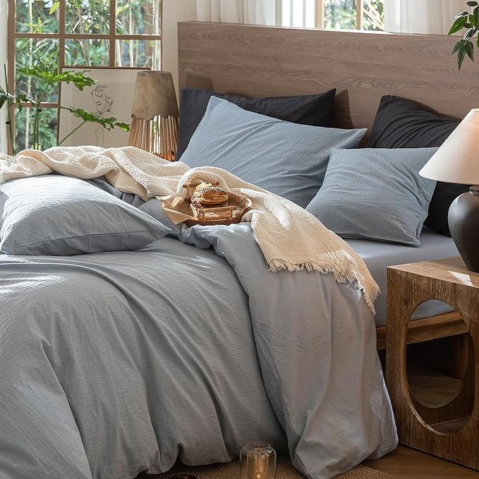 MooMee Wavy Striped Duvet Cover Set 100% Washed Cotton Linen Like Textured - Image 3