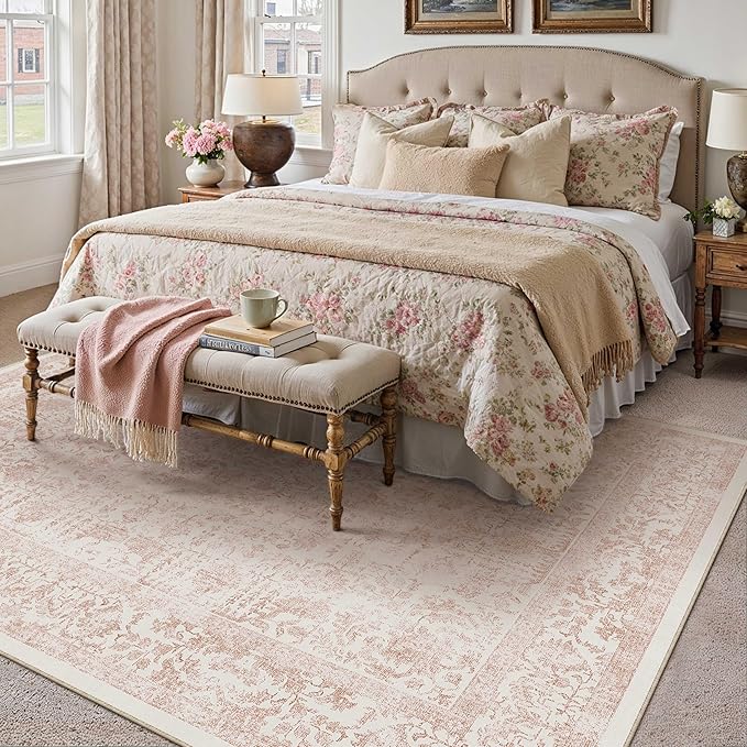 Pink Area Rug 8x10 Machine Washable Large Vintage Living Room Distressed Non - Image 6