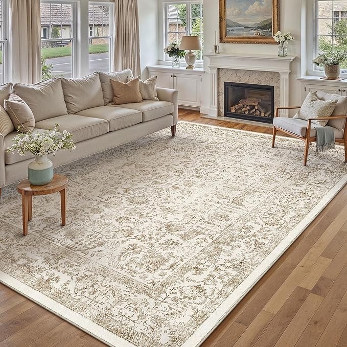 Light Brown Area Rug 10x14 Machine Washable Large Vintage Living Room - Image 3