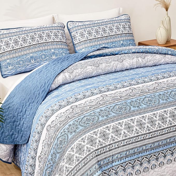 WONGS BEDDING Boho King Quilt Set, Light Blue Bohemian King Quilt Bedding Set - Image 7