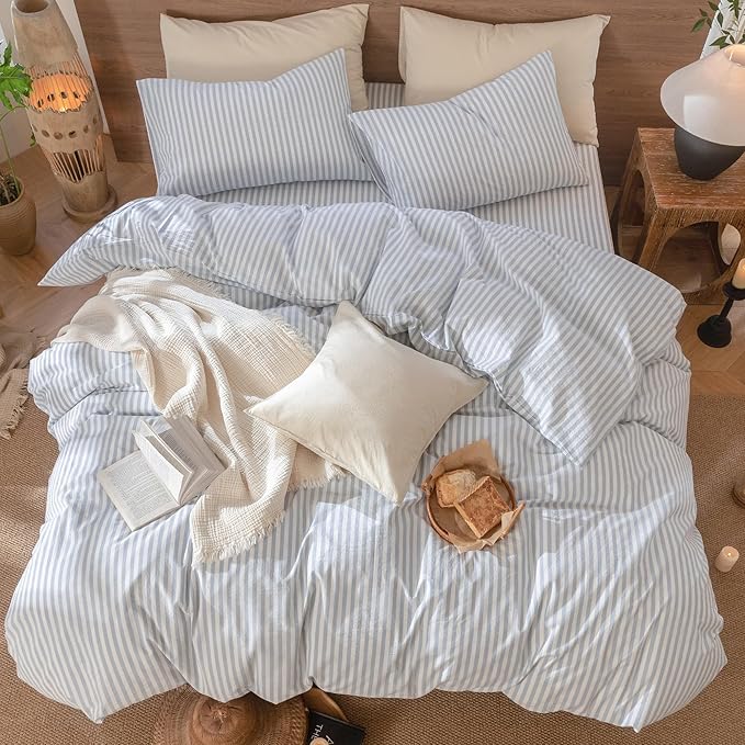 MooMee Striped Duvet Cover Set 100% Washed Cotton Linen Like Textured - Image 5