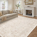 Beige Area Rug 6x9 Machine Washable Vintage Living Room Distressed Non Slip by PureCozy