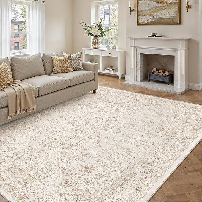 Beige Area Rug 6x9 Machine Washable Vintage Living Room Distressed Non Slip by PureCozy