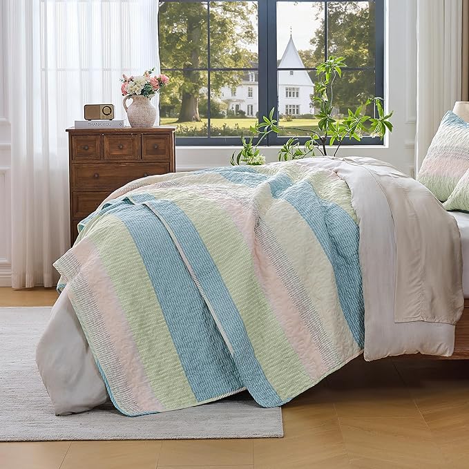Andency King Size Quilt Set Blue Pink, 3 Pieces Summer Ultra Soft Lightweight - Image 2