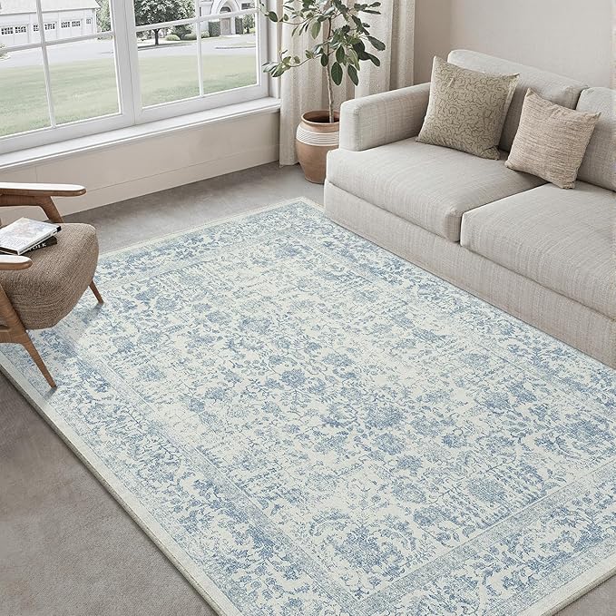 Blue Area Rug 5x7 Machine Washable Vintage Living Room Distressed Non Slip by PureCozy