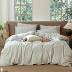 MooMee Striped Duvet Cover Set 100% Washed Cotton Linen Like Textured by MOOMEE