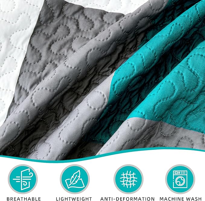 Tyrot 2 Piece Teal/Turquoise Grey Quilt Set Twin Size Black White Geometric - Image 6