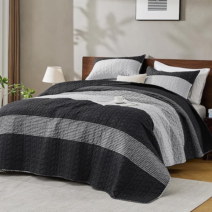 Andency Oversized King Quilt Bedding Set, 120x98Inch Black White Stripe - Image 8
