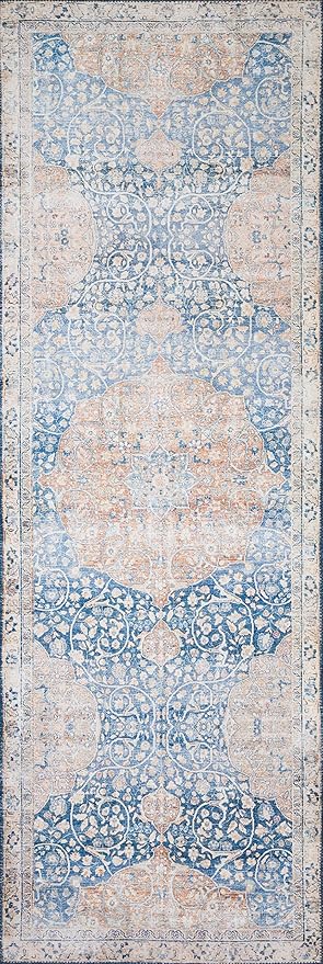 Loloi Layla Collection LAY-07 Blue/Tangerine 2'-6" x 9'-6" .13" Thick Runner Rug - Image 2
