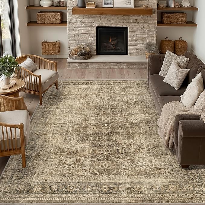 FMFUNCTEX 9x12 Washable Area Rug Brown Vintage Neutral Distressed Large Non by Fmfunctex