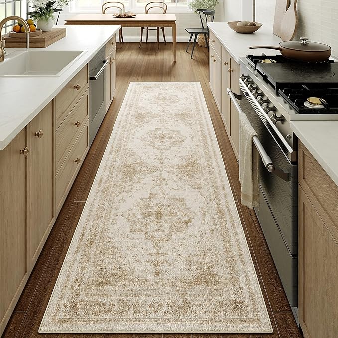 Runner Rug 2x10 Cream Hallway Washable Beige Carpet Non Slip Vintage Medallion - Image 6