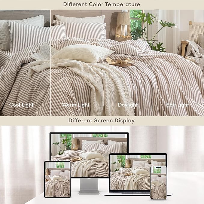 MooMee Striped Duvet Cover Set 100% Washed Cotton Linen Like Textured - Image 8