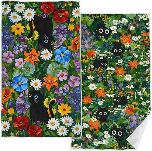 Accnicc 2 Pack Black Cat Bathroom Hand Towels Decorative Green Plant Daisy by Accnicc