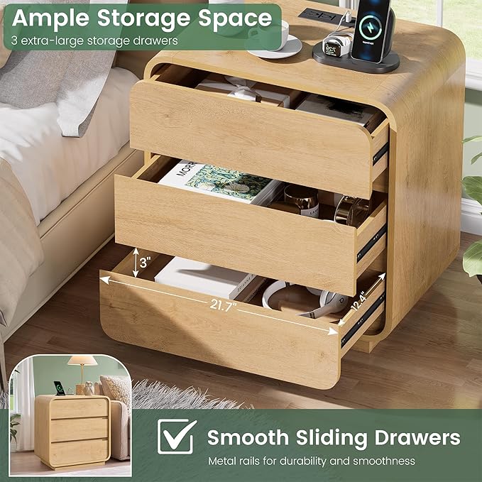 Modern Nightstand, 3 Drawers Dresser Side Table, Large End Table Night Stand - Image 5