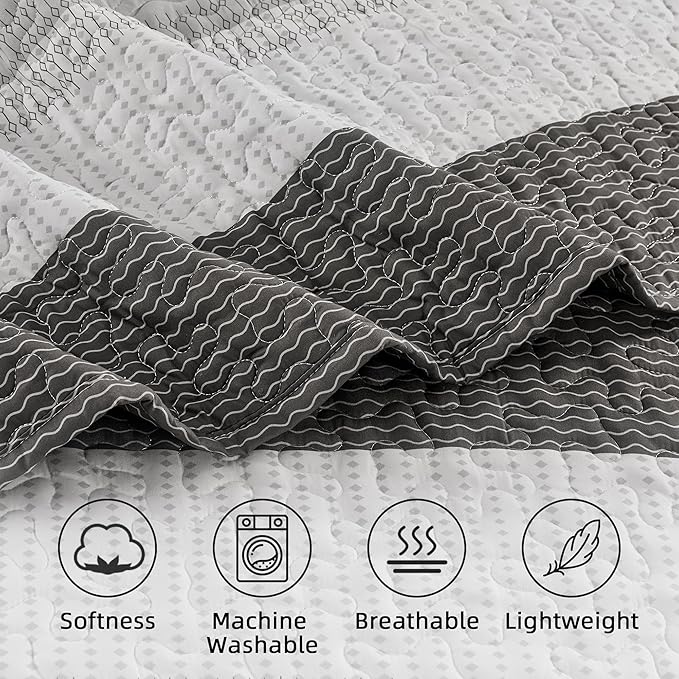 Andency Oversized King Quilt Bedding Set, 120x98Inch Dark Grey Stripe Super - Image 5