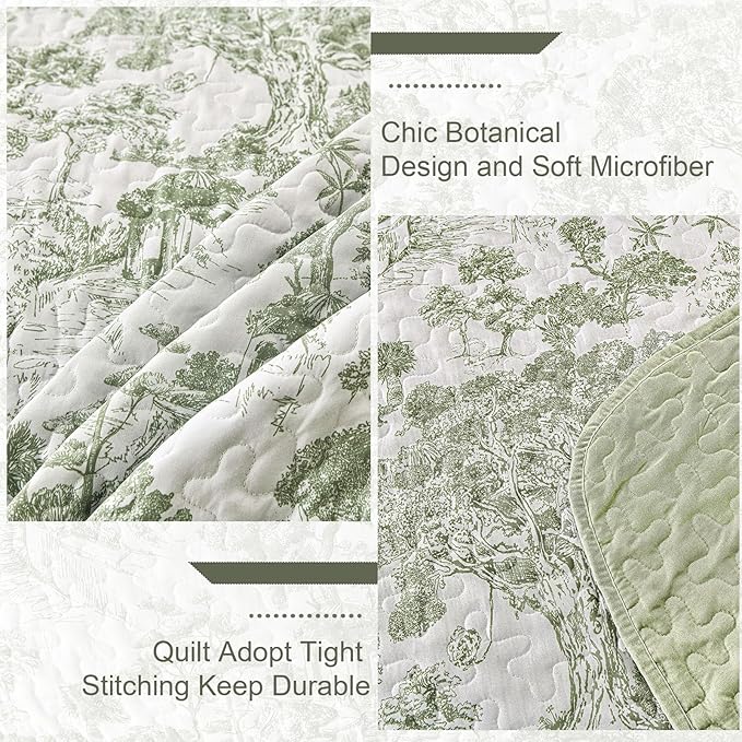 WONGS BEDDING Botanical Quilt Set Twin Size, Sage Green 3 Pieces Toile Floral - Image 5