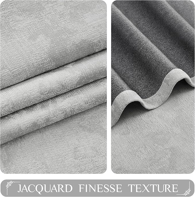 Beauoop Grey Floral Jacquard Blackout Curtains 63 Inches Long 2 Panels - Image 2