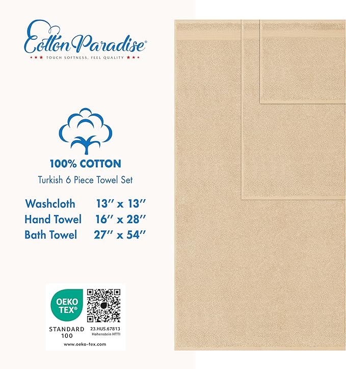 Cotton Paradise 6 Piece Towel Set, 100% Cotton Soft Absorbent Turkish Towels - Image 4
