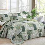 Xruibed Patchwork Quilt Set Queen Size 3 Pieces Green Floral Plaid Bedspread - Image 2