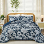 WONGS BEDDING Quilt Set King Size, 3 Pieces Navy Blue Botanical Floral Printed - Image 2