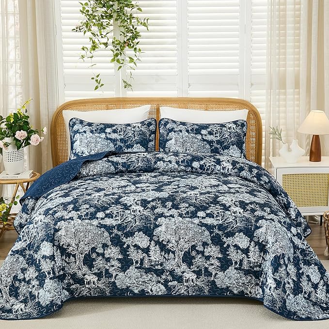 WONGS BEDDING Quilt Set Queen Size, 3 Pieces Navy Blue Floral Plants Printed - Image 2