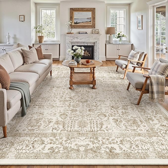 Light Brown Area Rug 10x14 Machine Washable Large Vintage Living Room by PureCozy