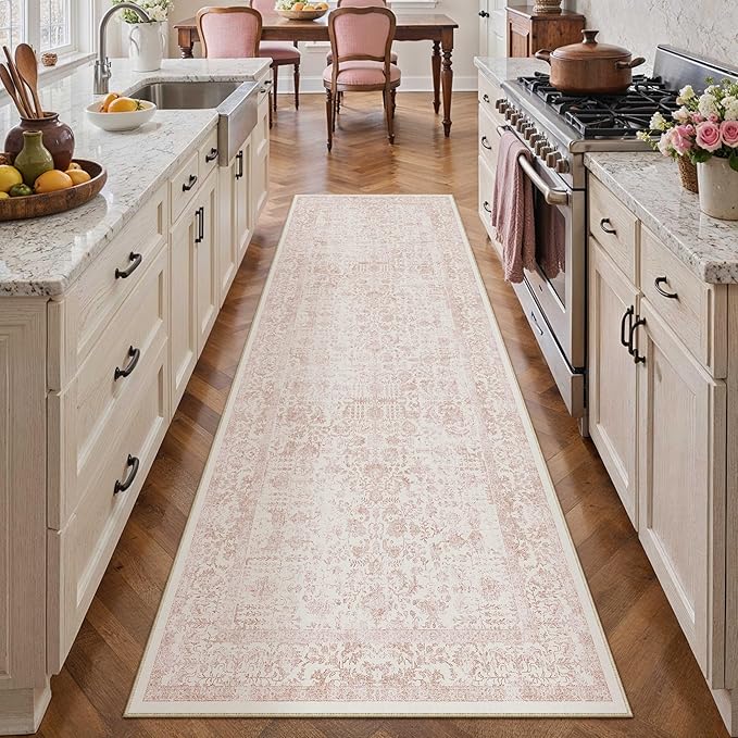 Pink Runner Rug 2x8 Hallway Machine Washable Kitchen Vintage Distressed Non - Image 5