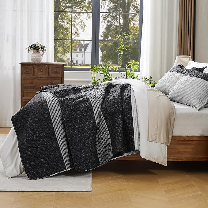 Andency Oversized King Quilt Bedding Set, 120x98Inch Black White Stripe - Image 5