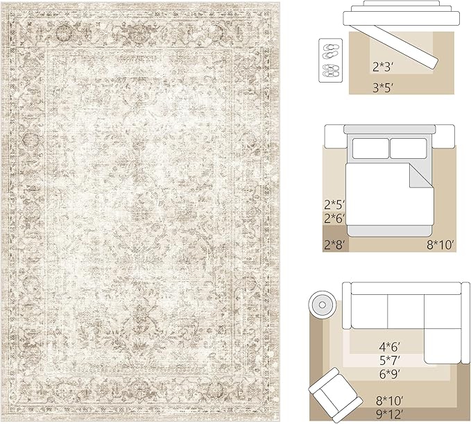 FMFUNCTEX 3x4 Washable Area Rug Beige Vintage Neutral Non Slip Low Pile - Image 5