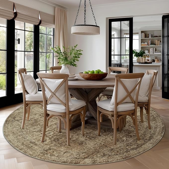 FMFUNCTEX 6ft Round Washable Area Rug Brown Vintage Neutral Distressed Non Slip - Image 3