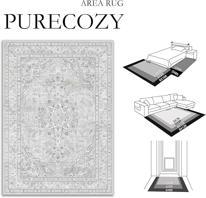 Grey 5x7 Area Rug Washable Vintage Carpet - Image 2