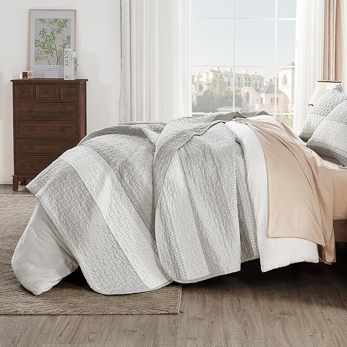 Andency King Size Quilt Set Linen Grey, 3 Pieces Summer Ultra Soft Lightweight - Image 3