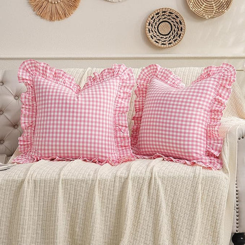 2 Pack Pink/White Plaid Ruffled Checkered Throw Pillow Cover 20 x20 inches by Qilunn