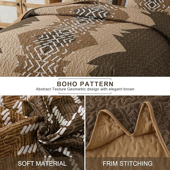 Dintszyayue Brown Quilt Set King Size Boho Aztec Texture Bedspread Coverlet Set - Image 4