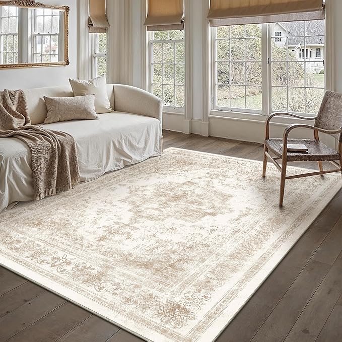 Area Rug 5x7 Cream Washable Living Room Beige Carpet Non Slip Vintage Medallion by PureCozy