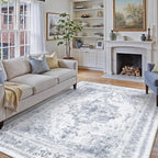 Washable Rug 8x10 Area Rug for Living Room Blue Vintage Boho Medallion Large by PureCozy
