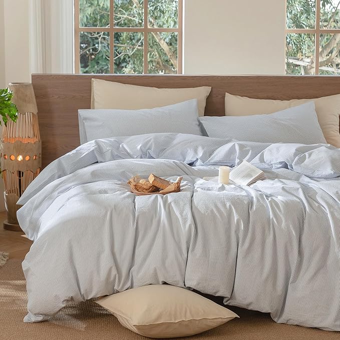 MooMee Striped Duvet Cover Set 100% Washed Cotton Linen Like Textured - Image 6