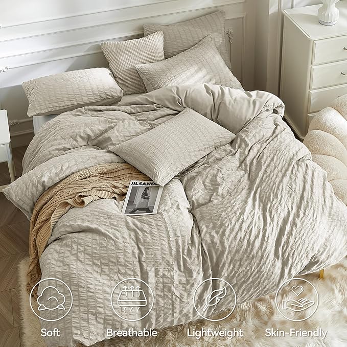 JELLYMONI Beige Duvet Cover Twin Size, Soft Breathable Seersucker Duvet Cover - Image 4