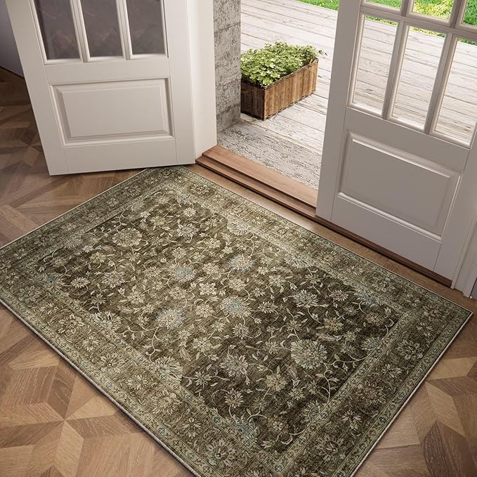 Washable 3x5 Entryway Rug, Boho Non-Slip Vintage Distress Small Rugs by Hedwior