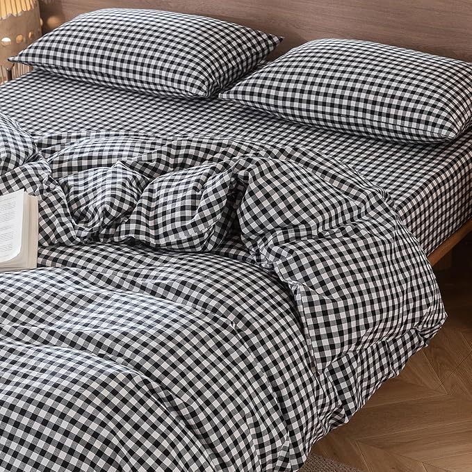 MooMee Gingham Duvet Cover Set 100% Washed Cotton Linen Like Textured - Image 9