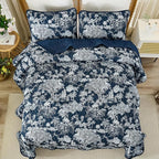 WONGS BEDDING Quilt Set Queen Size, 3 Pieces Navy Blue Floral Plants Printed - Image 6