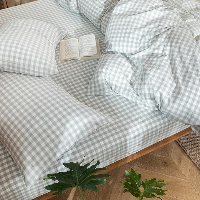 MooMee Gingham Duvet Cover Set 100% Washed Cotton Linen Like Textured - Image 8