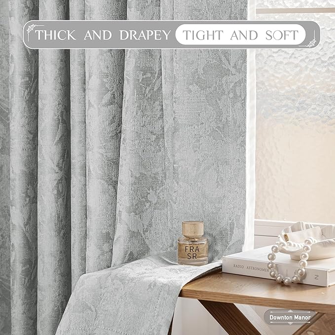 Beauoop Grey Floral Jacquard Blackout Curtains 63 Inches Long 2 Panels - Image 5