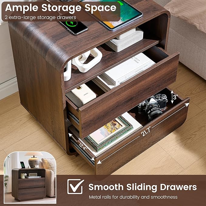 Modern Walnut Nightstand, 2 Storage Drawers Side Table Curved Profile, - Image 5