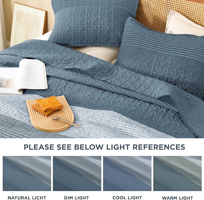 Litanika Quilt Queen Size Blue Linen, Stripe Patchwork Summer Bedspread - Image 6