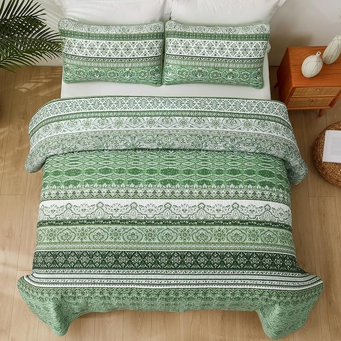 WONGS BEDDING Boho King Quilt Set, Light Green Bohemian Quilt Bedding Set - Image 6
