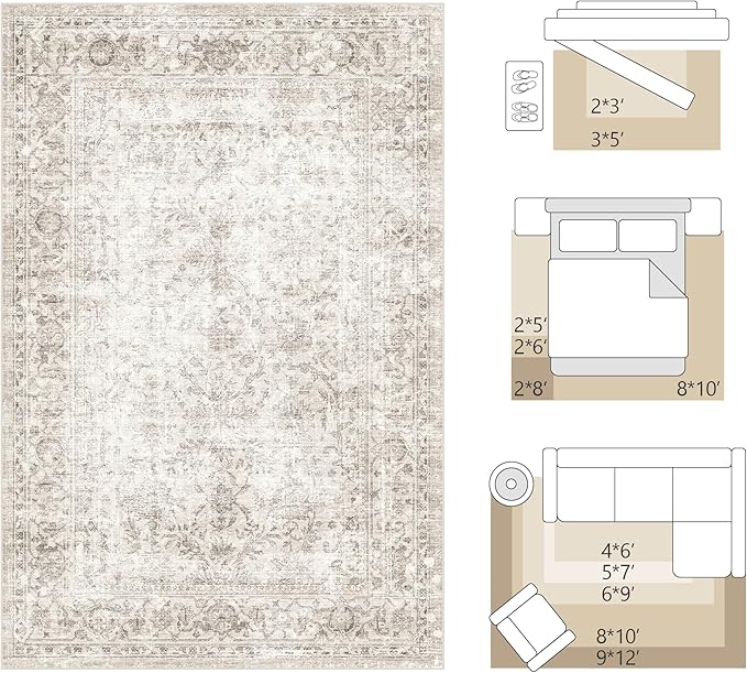 FMFUNCTEX 3x4 Washable Area Rug Beige Vintage Neutral Non Slip Low Pile - Image 2