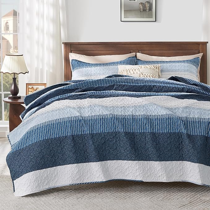Andency Navy Blue Striped Quilt Set Cal King, 3 Pieces Patchwork Bedspread by Andency